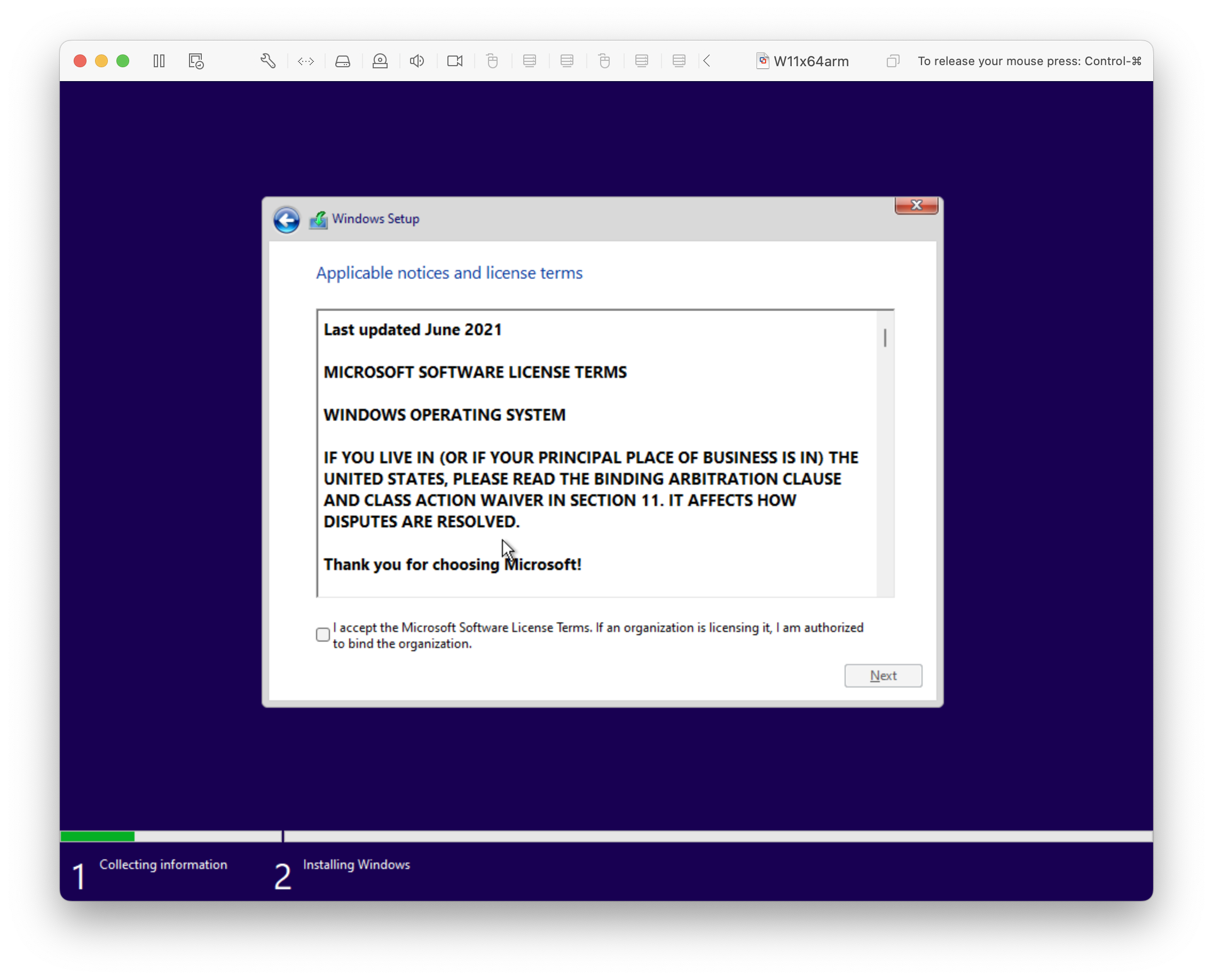 Windows Setup, Applicable noticies and licence terms