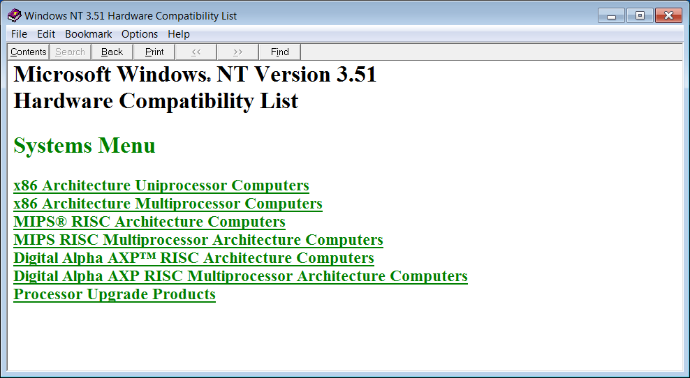 Windows NT Version 3.51 Hardware Compatibility list open in Windows 7 via XP's Help Viewer