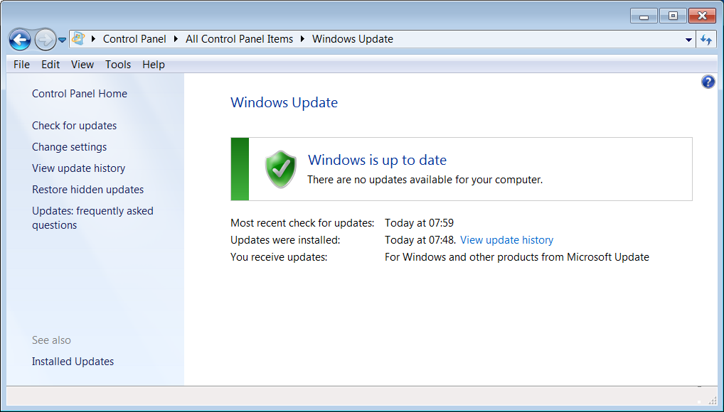 Screenshot of Windows 7 'up to date' 