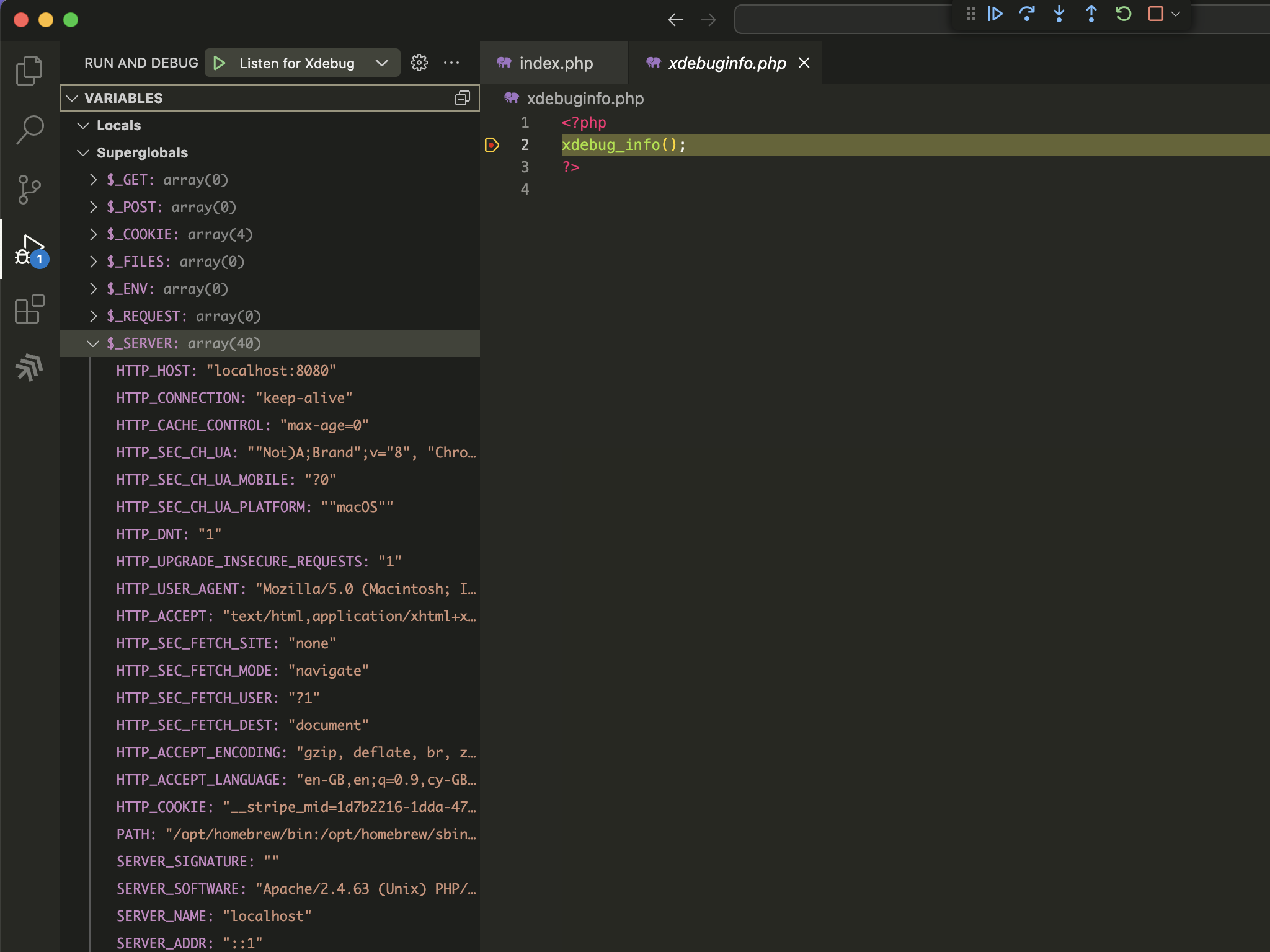 VSCodium with Xdebug running, showing variables and a breakpoint