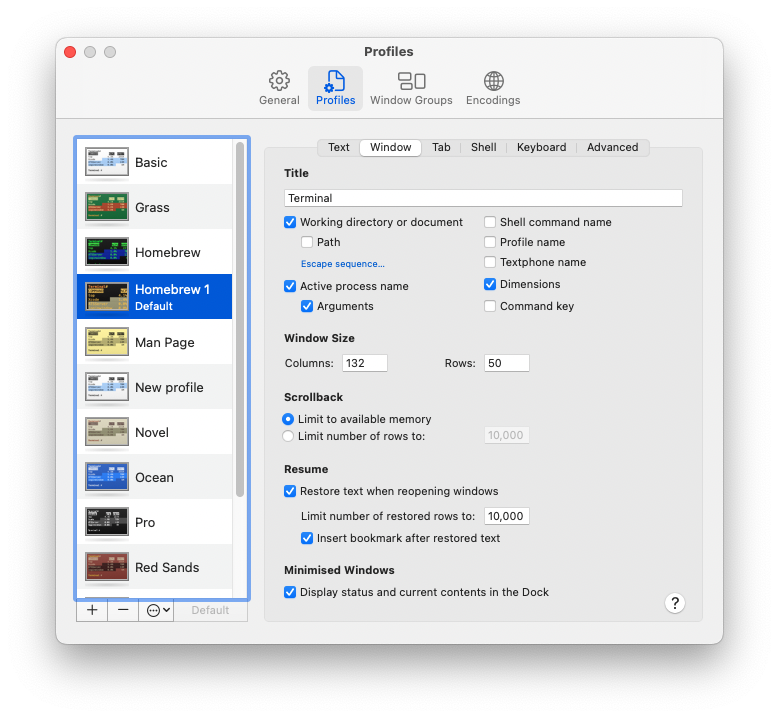 Screenshot of teminal settings for window size 132x50