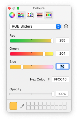 Screenshot of teminal settings for text colour #FFCC46